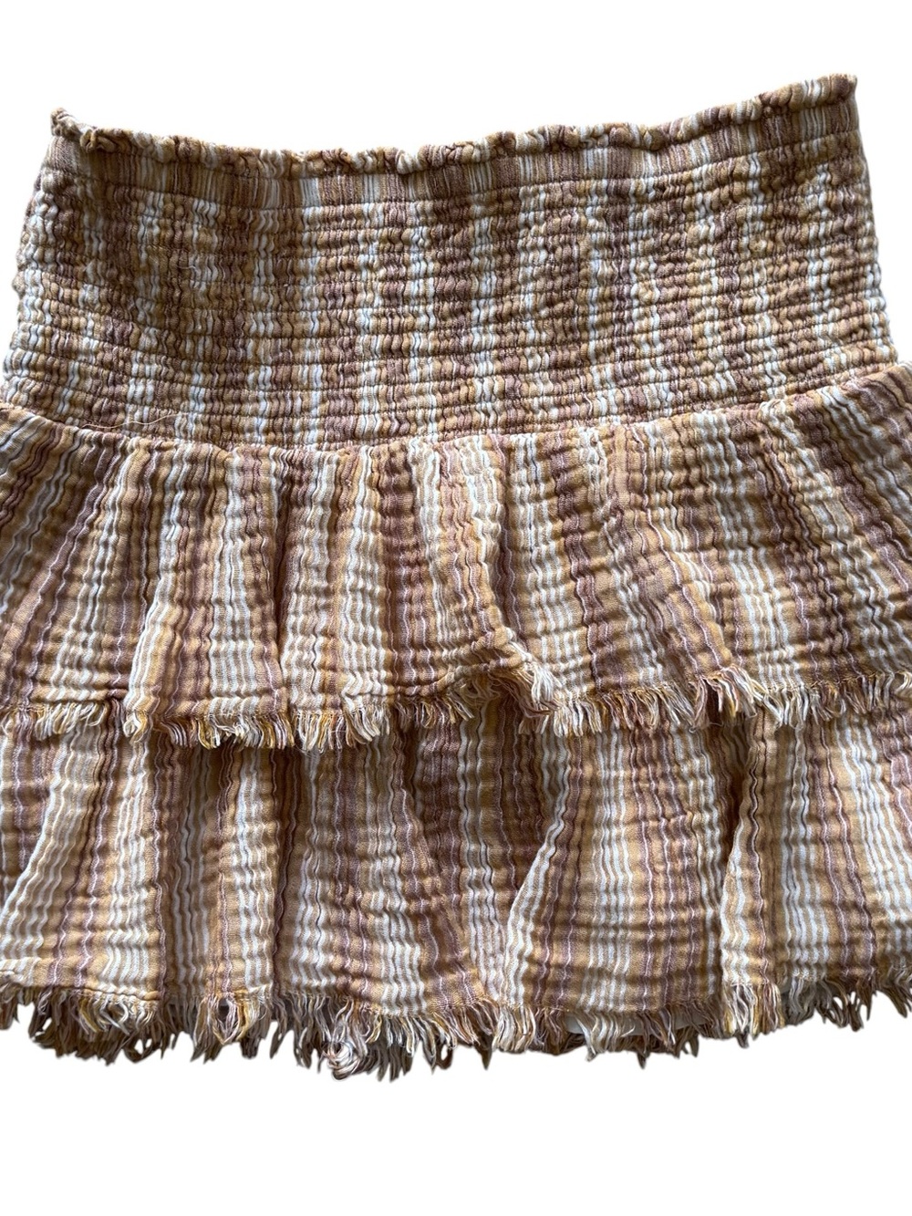 Aerie Smocked Tiered Mini Skirt Small Neutral Stripe Boho Ruffle Fringe Hem - Picture 2 of 8